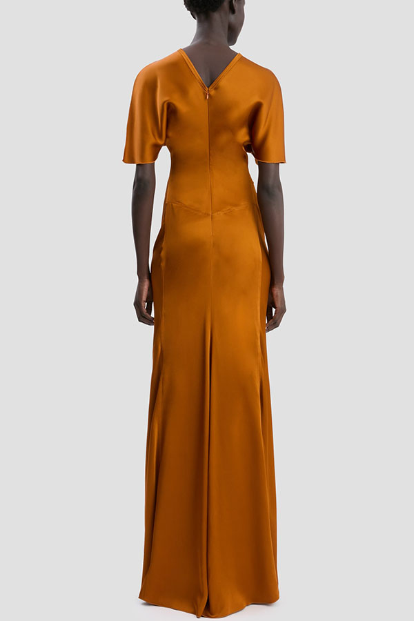 Isabella Satin Short Sleeve Ruched Waist V-shape Back Gown Maxi Dress-consonak