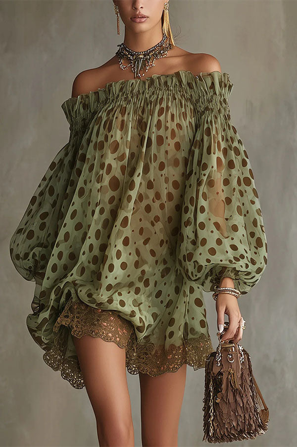Ethereal Off-The-Shoulder Polka Dot Sheer Mini Dress-Consonak