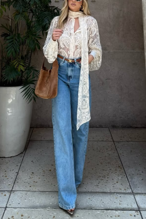 Solid Color Sheer Lace Elegant Ribbon Long-sleeved Shirt