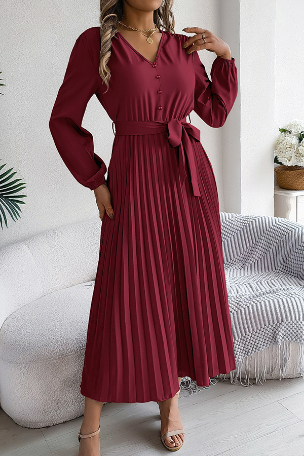Solid Color Elegant V-neck Buttoned Lace-up Pleated Maxi Dress-consonak
