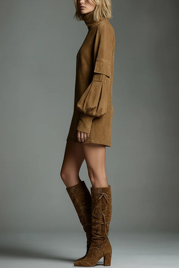 Stylish Suede High-Neck Long-Sleeved Casual Pocket Mini Dress-consonak
