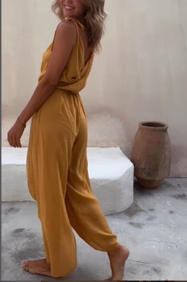 Shore Thing Babe Elastic Waist Slit Wide Leg Jumpsuit-consonak