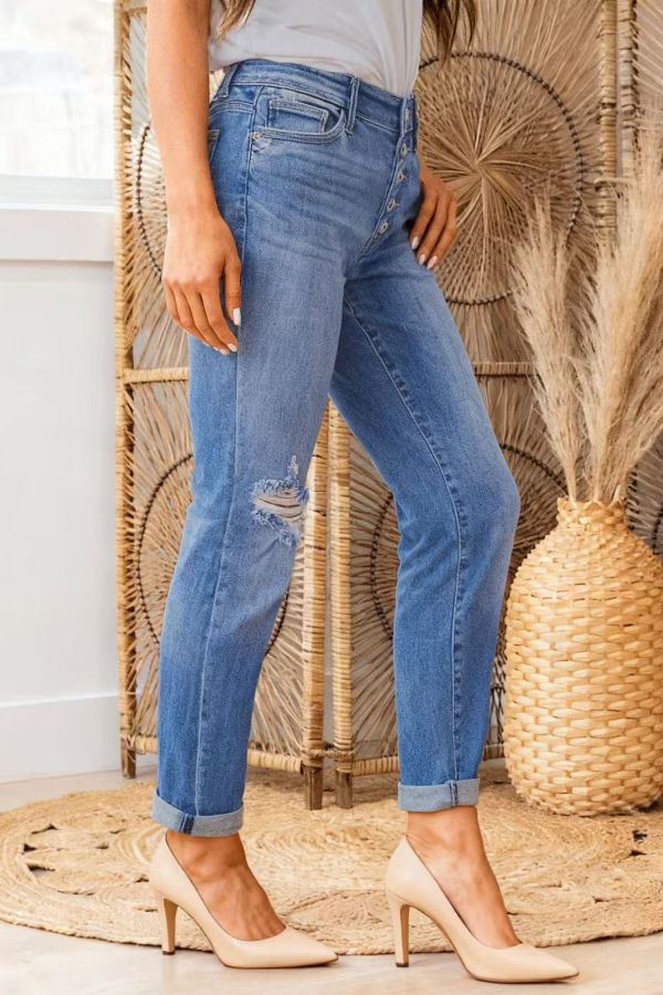 Stylish High-waisted Button-down Casual Pocket Ripped Jeans