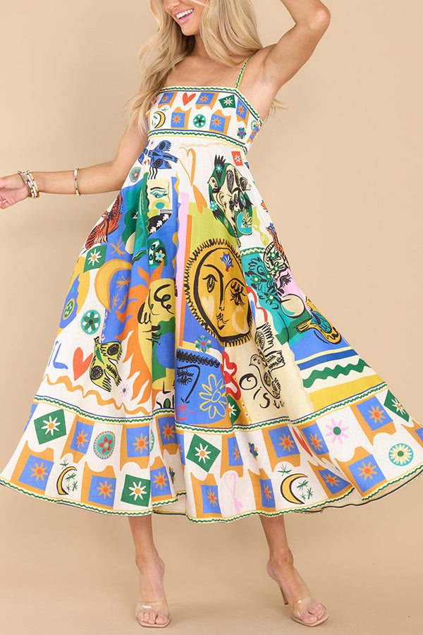Joyful Glow Goddess Linen Blend Unique Print Pocketed Smocked Back Midi Dress-consonak