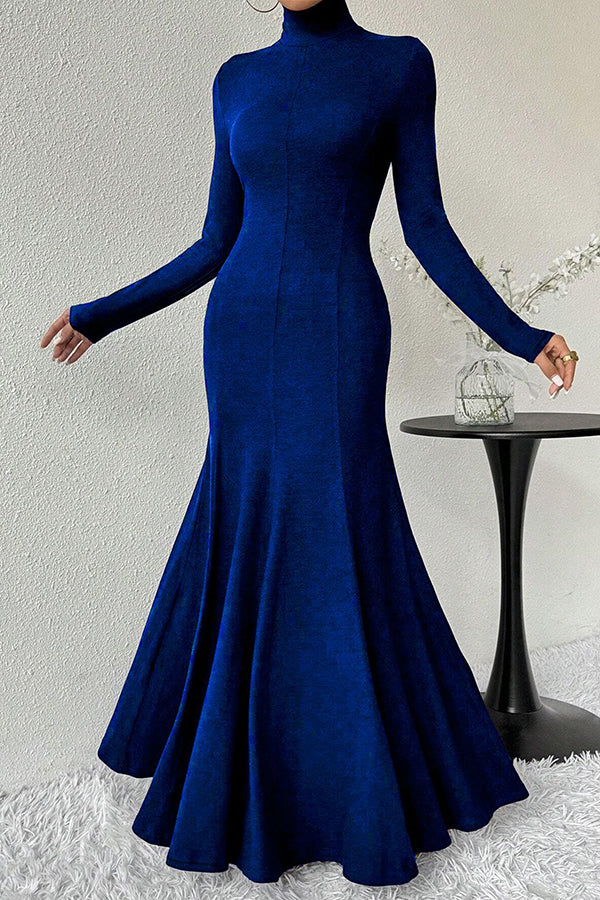 Solid Color High-neck Long-sleeved Slim-fit Fishtail Elegant Maxi Dress-consonak