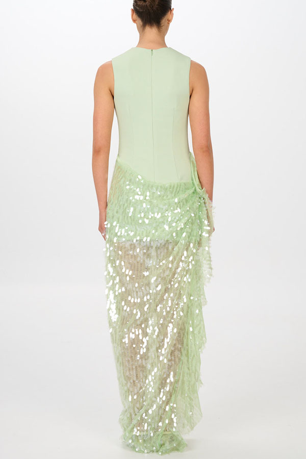 Unspoken Glamour Crepe and Fish Scale Sequins Ruffle Ruched Drape Maxi Dress-consonak