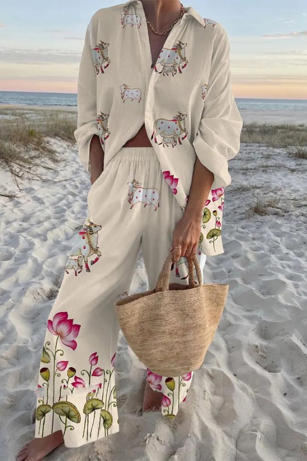 Ox and Lotus Print Oversized Shirt and Elastic Waist Pocket Pants Set