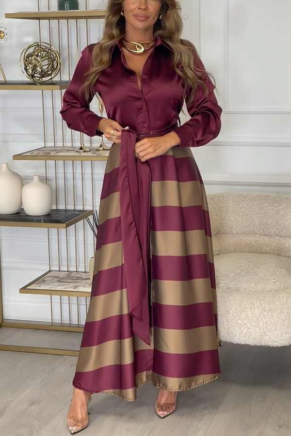 Lindsey Satin Colorblock Contrast Long Sleeve Belted Shirt Maxi Dress-consonak