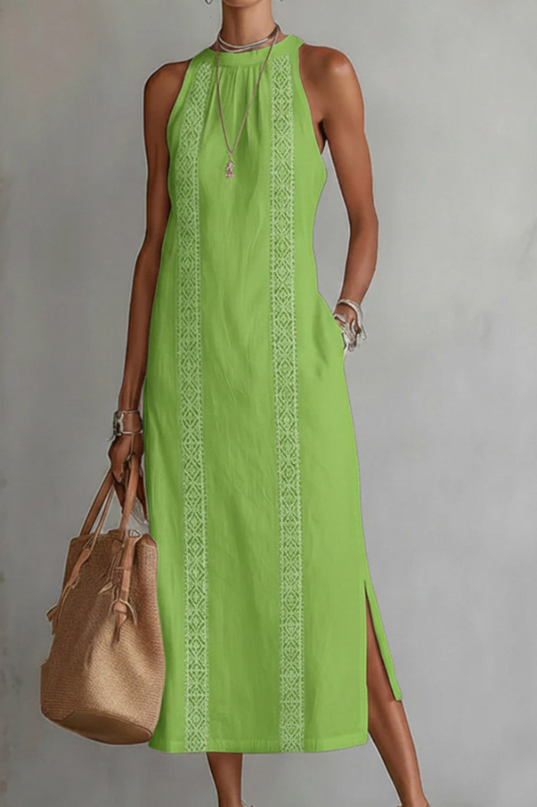 Solid Color Round Neck Sleeveless Casual Pockets Midi Dress