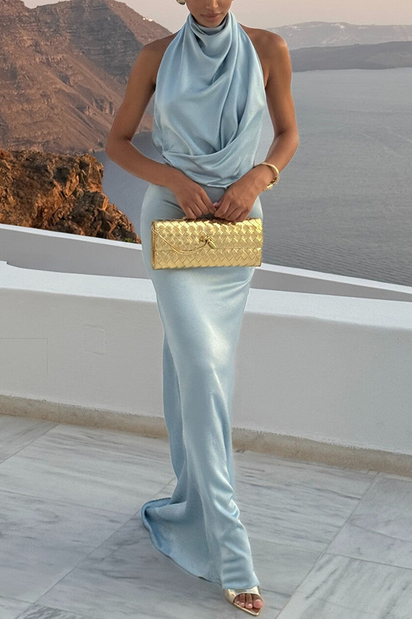 Unforgettable Satin High Drape Neck Open Back Flare Maxi Dress