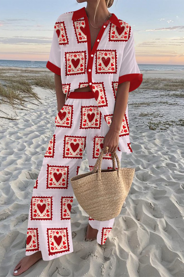 Red Heart-print Oversized Shirt and Elastic Waist Pocket Pants Set-consonak