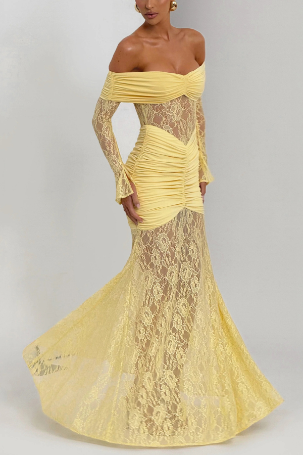 Solid Color Patchwork Lace Off-shoulder Long-sleeved Pleated Slim-fit Maxi Dress-consonak