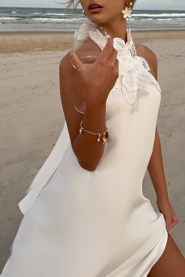 Floral Embellished Satin Halterneck Backless Resort Maxi Dress-consonak