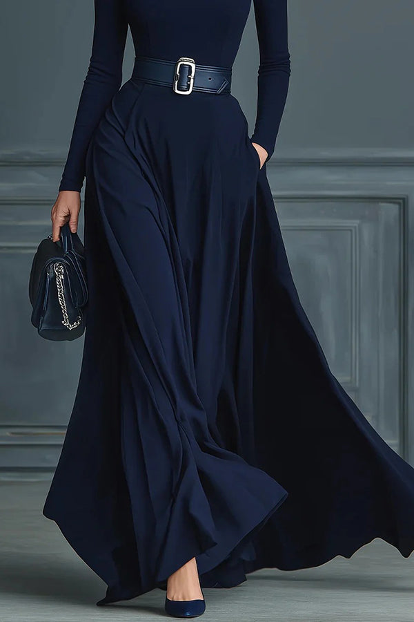 Solid Color High-neck Long-sleeved Elegant Slim-fit Maxi Dress-consonak