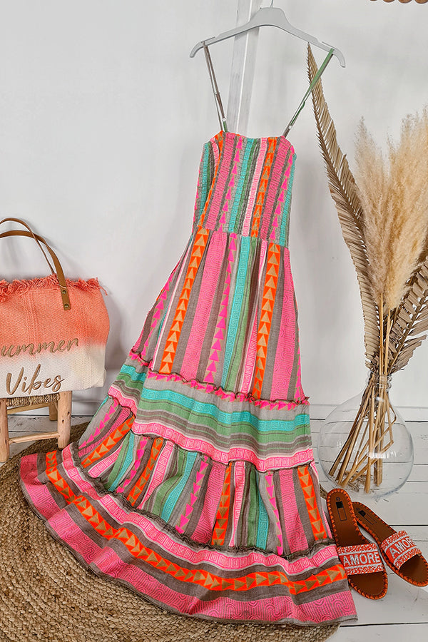 Plenty of Sunshine Linen Blend Ethnic Print Smocked Cami Midi Dress | Consonak