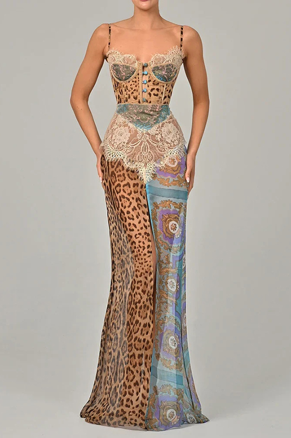 Chiffon Leopard Print Sexy Lace Splicing High Slit Slim Maxi Dress | Consonak