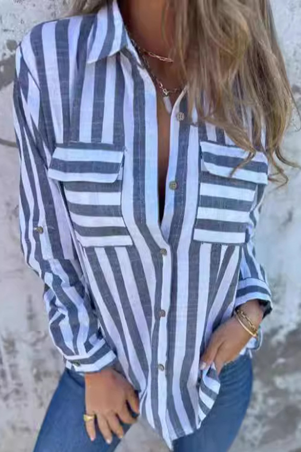 Striped Print Casual Pocket Shirt Top-consonak