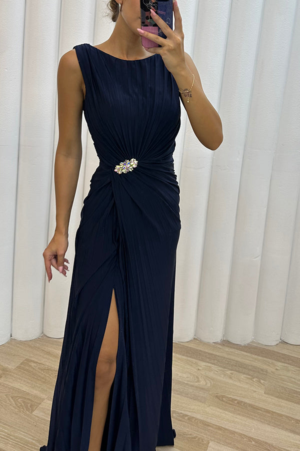Pretty Special Pleated Embellished Slit Evening Maxi Dress-consonak