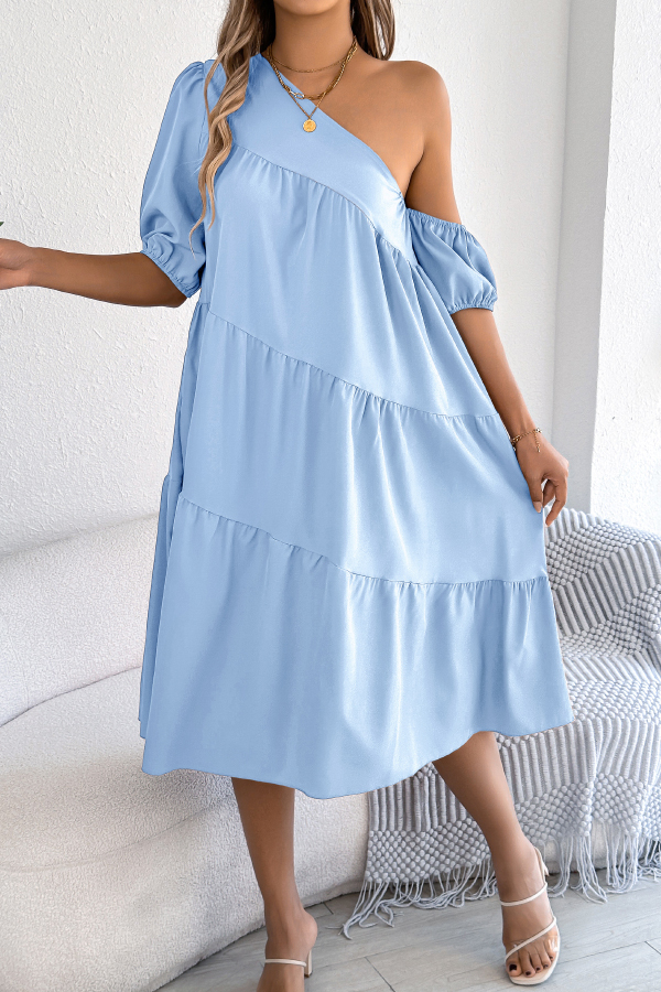 Solid Color Loose Slash Neck Short-sleeved Casual Midi Dress-consonak