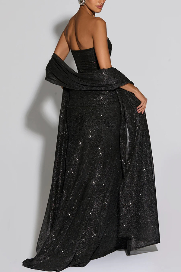 Paula Sequined Mesh and Jersey Off Shoulder Ruched Knot Drape Shawl Maxi Dress | Consonak