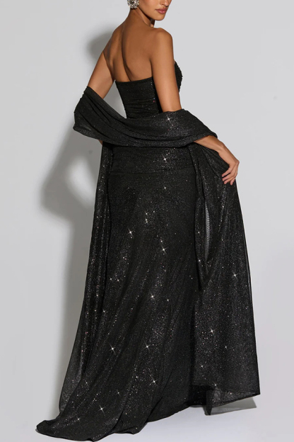 Paula Sequined Mesh and Jersey Off Shoulder Ruched Knot Drape Shawl Maxi Dress-consonak