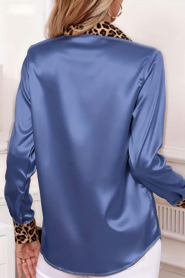 Satin Leopard Print Patchwork Casual Long-sleeved Button-down Shirt-consonak