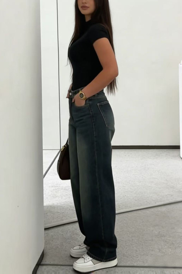 Stylish High-waisted Loose-fitting Pocket Casual Straight-leg Wide-leg Jeans-consonak