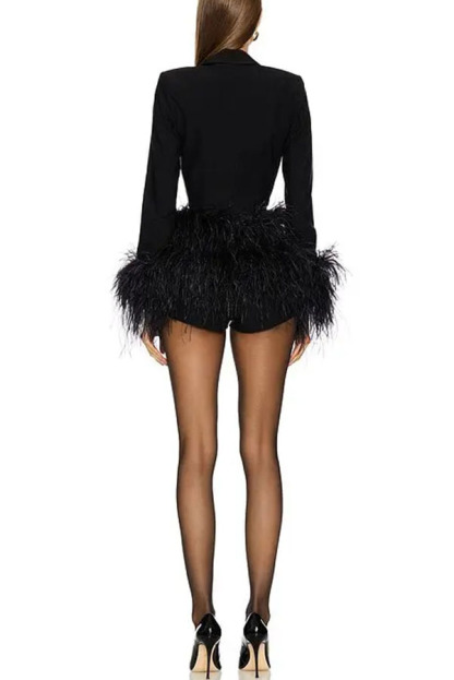 Party Time Feather Trim Design Deep Lapel V-Neck Long Sleeve Stretch Romper-consonak