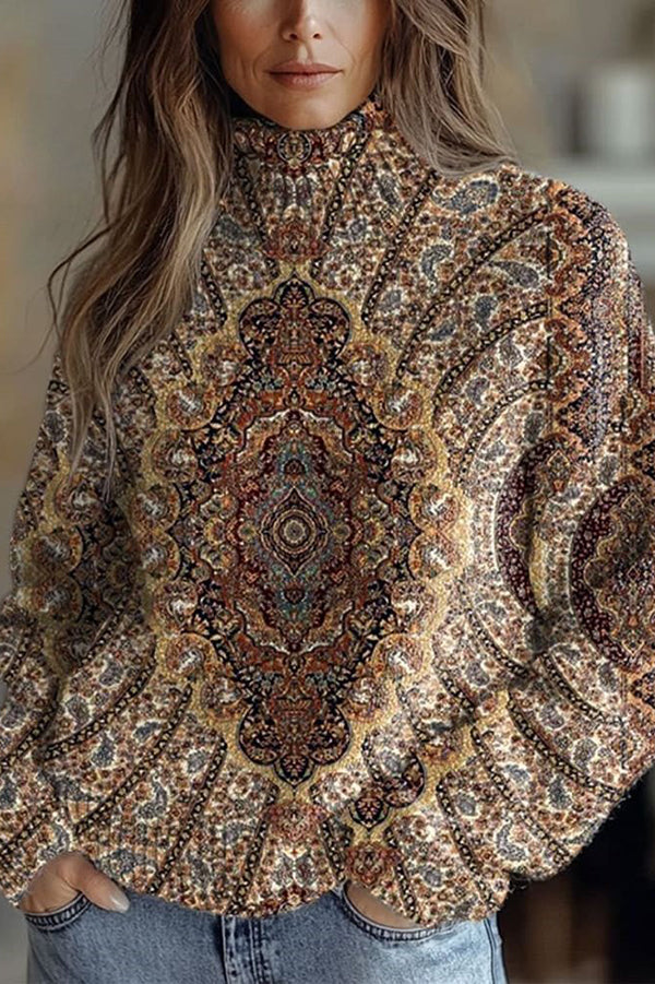 Floral Pattern High-Neck Long-Sleeved Loose Sweatshirt-consonak