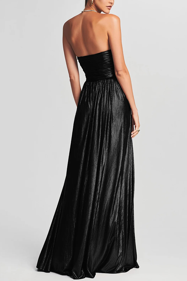 Goddess Temperament Metallic Pleated Fabric Off Shoulder Slit Maxi Dress-consonak