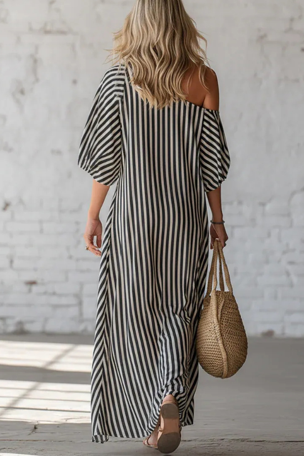 Fashionable Striped Print Slash Neck Puff Sleeve Casual Maxi Dress | Consonak