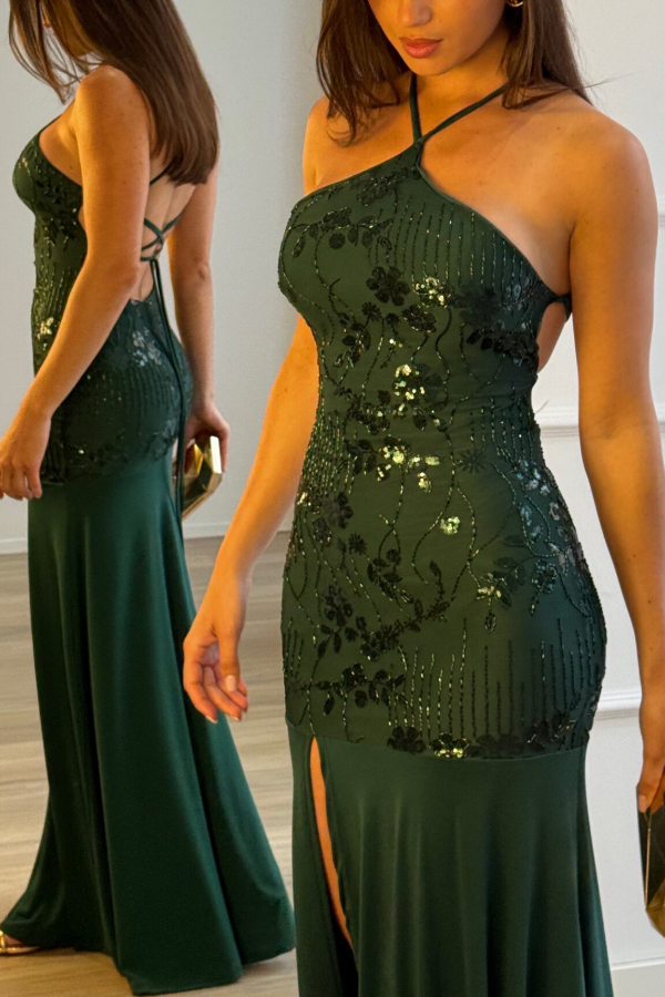 Fashionable Sequined Halter Neck Elegant Slim-fit Slit Maxi Dress-consonak