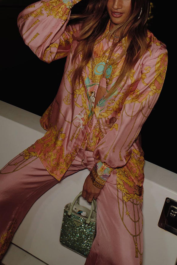 Mermaid Motel Unique Print Long Sleeve Loose Shirt and Elastic Waist Pants Set-consonak