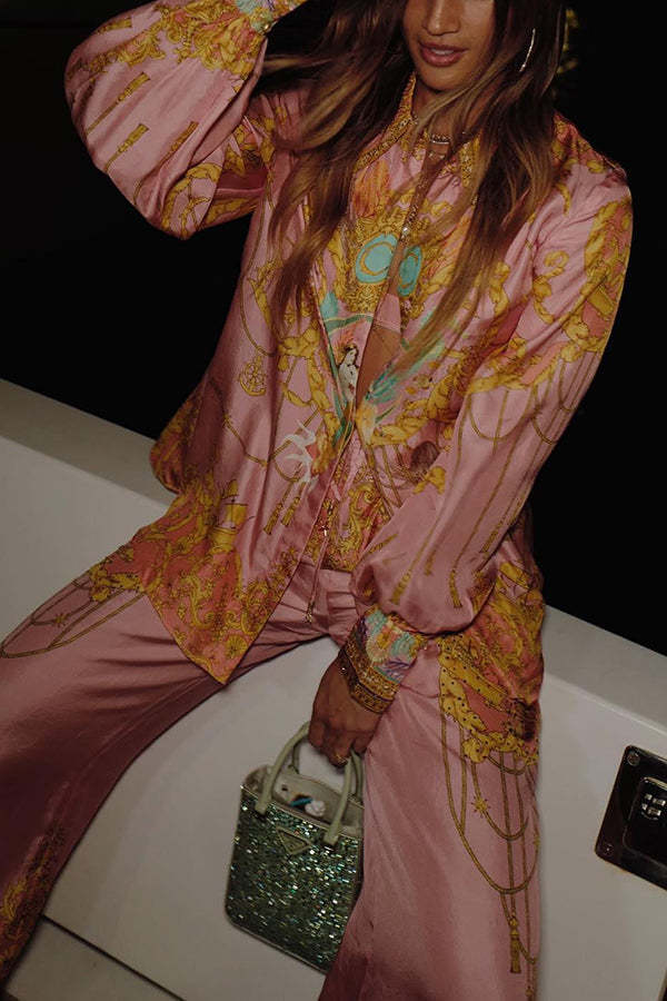 Mermaid Motel Unique Print Long Sleeve Loose Shirt and Elastic Waist Pants Set-consonak