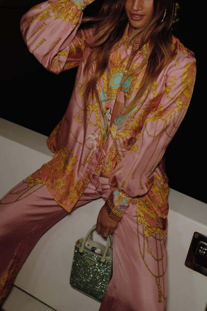 Mermaid Motel Unique Print Long Sleeve Loose Shirt and Elastic Waist Pants Set-consonak