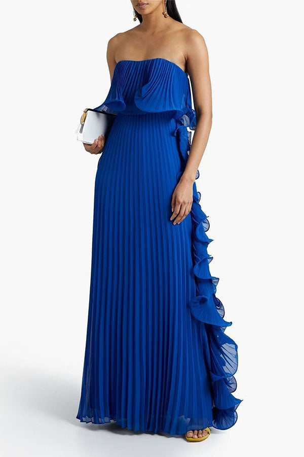 Reina Chiffon Pleated Wavy Ruffles Trim Strapless Loose Maxi Dress | Consonak