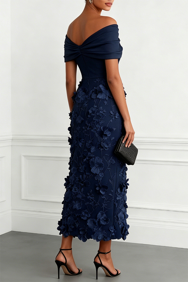 Classic 3D Floral Embroidery Off The Shoulder Short Sleeve Sheath Midi Dress | Consonak