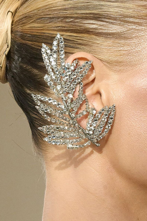 Rhinestone Leaf Ear-Cuff Earrings-Consonak