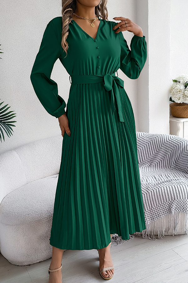 Solid Color Elegant V-neck Buttoned Lace-up Pleated Maxi Dress-consonak