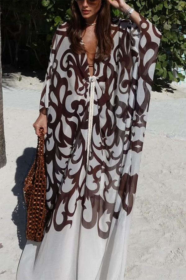 Summer Day Unique Print Rope Knotted Batwing Sleeve Oversized Cover-up Dress-consonak
