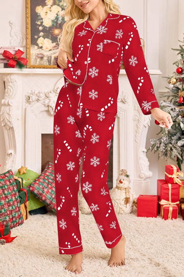 Snowflake Candy Print Casual Long-sleeved Shirt and Elastic Waist Pants Set-consonak