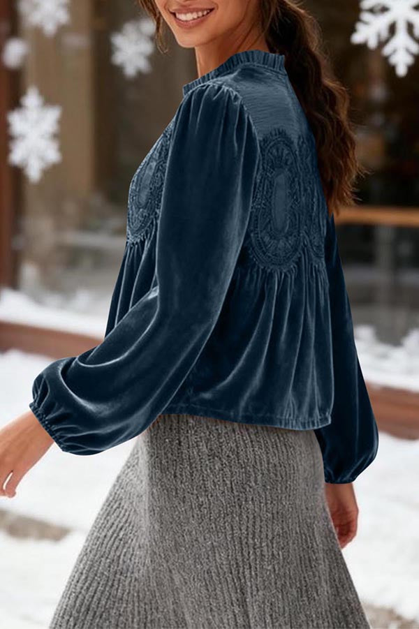 Fashionable Velvet and Lace Patchwork Loose Long-sleeved Top-consonak