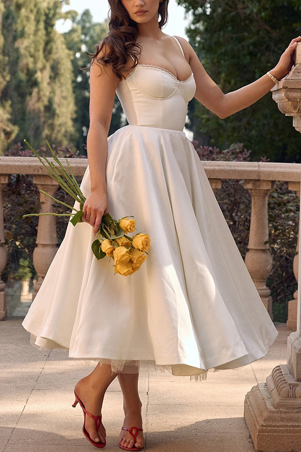 Fairytale Vibe Satin Patchwork Tulle Sweetheart Neck Pocket Stretch Midi Dress-consonak