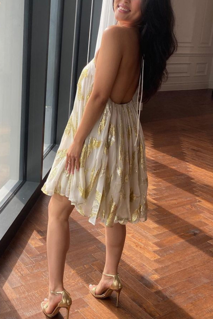 Stylish Printed Halterneck Strappy Backless Mini Dress-consonak