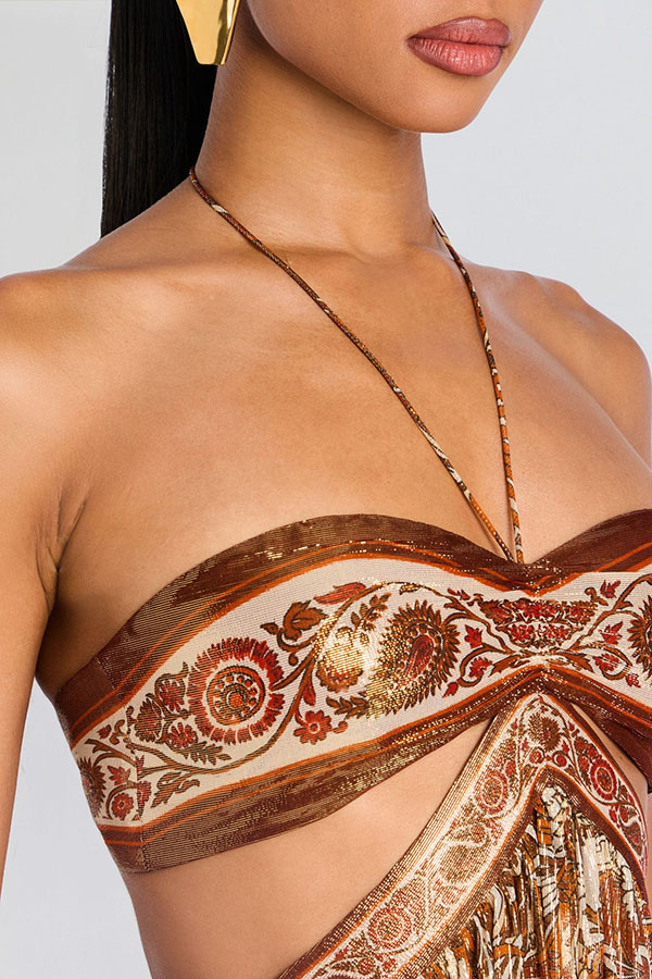 Bohemian Flair Chiffon Golden Paisley Print Cutout Halter Maxi Dress