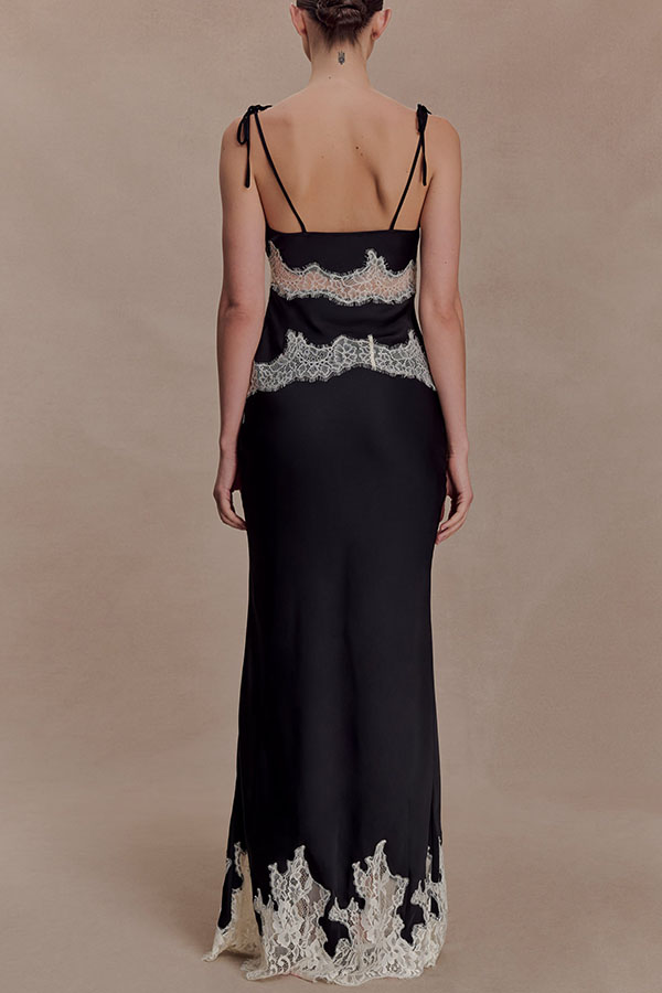 Nina Satin Lace Detail Mid Rise Flare Drape Maxi Skirt-consonak