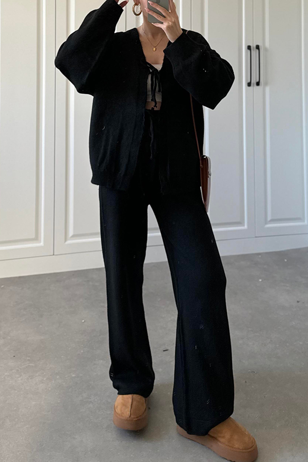 Solid Color V-neck Tie Long-sleeved Loose Knit Cardigan and Elastic Waist Casual Straight Leg Pants Set-consonak