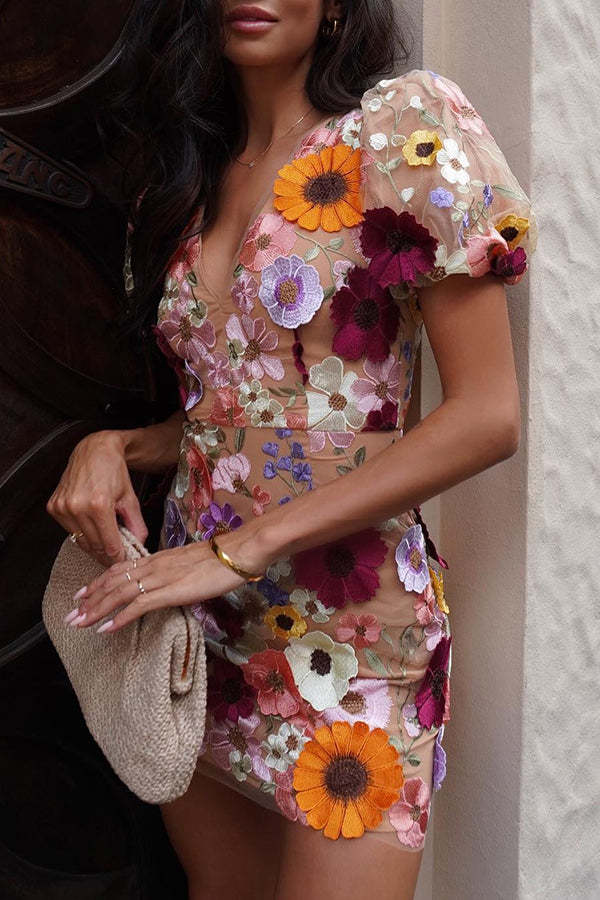 Garden Gala Embroidered Floral Applique Puff Sleeve Mini Dress-consonak