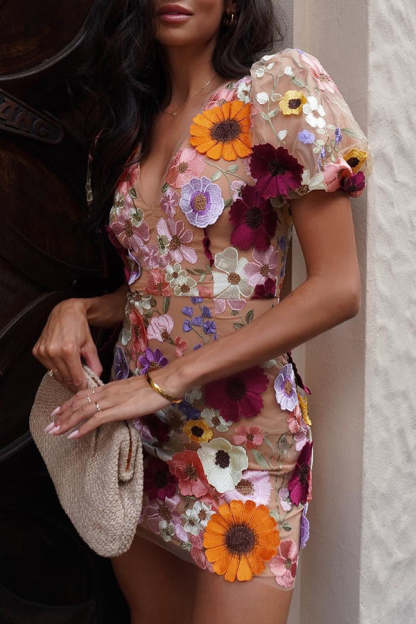 Garden Gala Embroidered Floral Applique Puff Sleeve Mini Dress-consonak