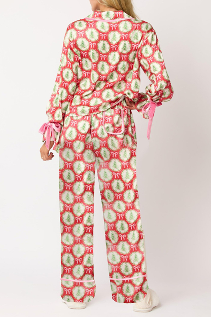 Christmas Printed Velvet Lace-up Long-sleeve Pocket Top and Elastic Waist Wide-leg Pants Set-consonak